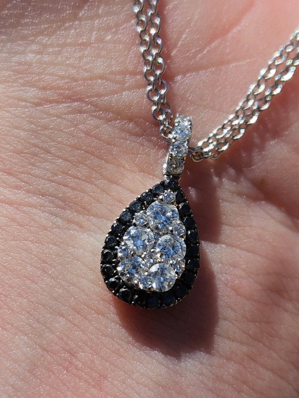 14K White Gold White & Black Diamond Pear Pendant w/ 18K White Gold Chain 16in